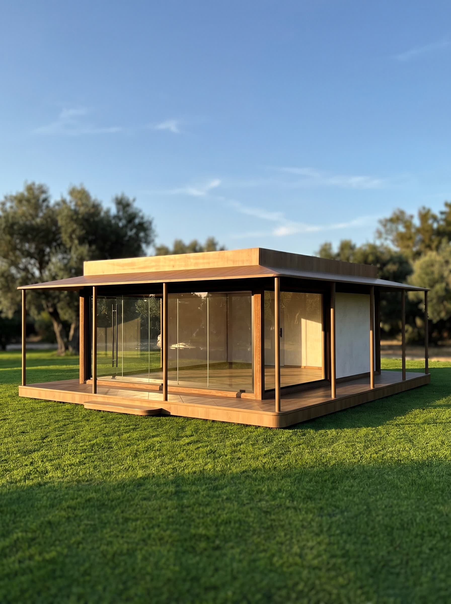 Pavilion comercial modular cu pereți de sticlă, ziua